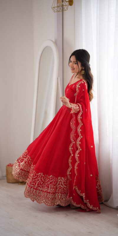 ZSR 3185 Red Fendy Silk Gown with Embroidery Work & Sequins Work. Special Price ₹2399. Delivery 4-6 Working Days. Shop now. | Bollywood Gowns, Creative Gowns, Designer Gowns, Embroidered Gowns, Gowns, Party Wear Gowns