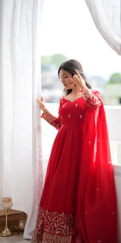 ZSR 3185 Red Fendy Silk Gown with Embroidery Work & Sequins Work. Special Price ₹2399. Delivery 4-6 Working Days. Shop now. | Bollywood Gowns, Creative Gowns, Designer Gowns, Embroidered Gowns, Gowns, Party Wear Gowns