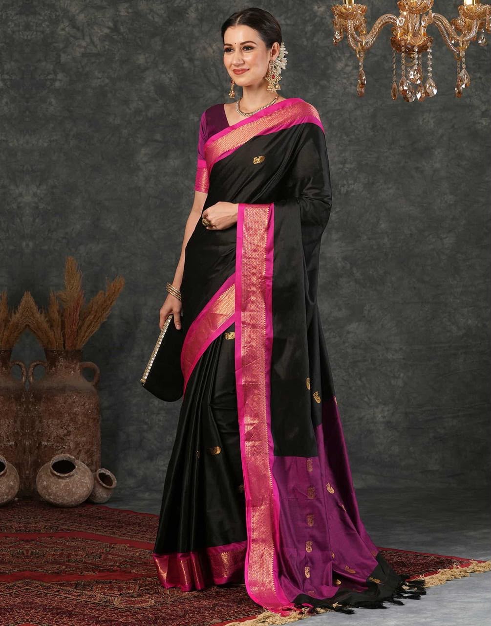 KP 7009 Black Soft Lichi Silk Saree with Lace Work & Lace Border. Introductory Price ₹1649. Delivery 4-6 Working Days. Shop now. | Bollywood Sarees, Creative Sarees, Designer Sarees, Embroidered Sarees, Ethnic Saree, Modern Digital sarees, Party Wear Sarees, Sarees
