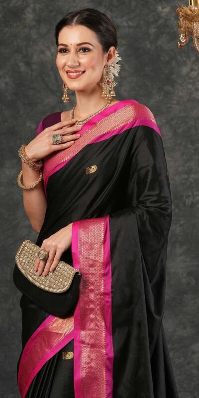 KP 7009 Black Soft Lichi Silk Saree with Lace Work & Lace Border. Introductory Price ₹1649. Delivery 4-6 Working Days. Shop now. | Bollywood Sarees, Creative Sarees, Designer Sarees, Embroidered Sarees, Ethnic Saree, Modern Digital sarees, Party Wear Sarees, Sarees