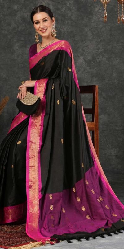 KP 7009 Black Soft Lichi Silk Saree with Lace Work & Lace Border. Introductory Price ₹1649. Delivery 4-6 Working Days. Shop now. | Bollywood Sarees, Creative Sarees, Designer Sarees, Embroidered Sarees, Ethnic Saree, Modern Digital sarees, Party Wear Sarees, Sarees