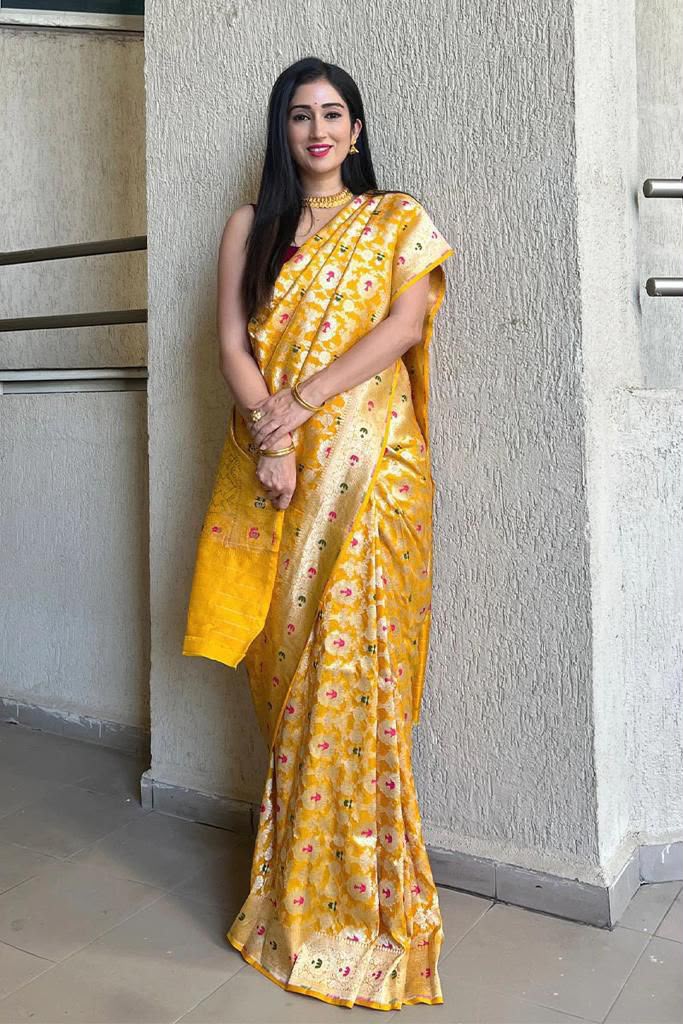 KP 6080 Yellow Soft Lichi Silk Saree with Lace Work & Lace Border. Introductory Price ₹1649. Delivery 4-6 Working Days. Shop now. | Bollywood Sarees, Creative Sarees, Designer Sarees, Embroidered Sarees, Ethnic Saree, Modern Digital sarees, Party Wear Sarees, Sarees
