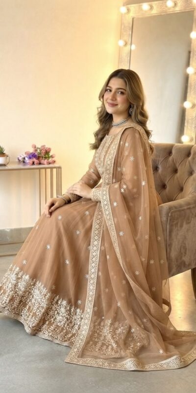 SSR 546 Chiku in Georgette Embroidery Work & Sequins Work Gown . Get it for ₹2149. Delivery 4-6 Working Days. Online Shop now. | Bollywood Gowns, Creative Gowns, Designer Gowns, Embroidered Gowns, Gowns, Party Wear Gowns