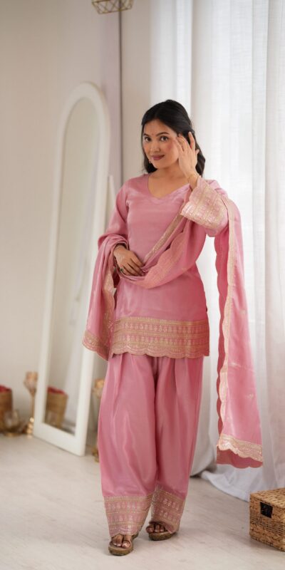 KB 304 Pink in Glass Roman Silk. Sequins Work & Embroidery Work Salwar Suit Festive Deal ₹1999. Delivery 4-6 Working Days. Shop now. | Jump Suits, Straight Suits, Casual Suits, Creative suits, Designer Suits, Palazzo Suits, Party Wear Suits, Patiala Suits, Salwar suit