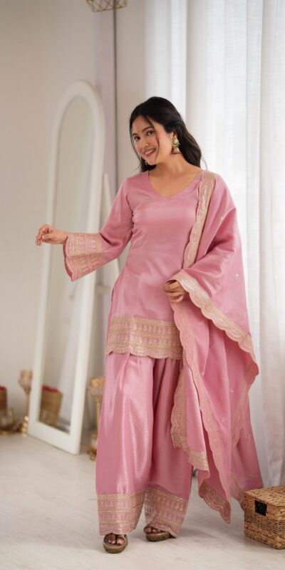 KB 304 Pink in Glass Roman Silk. Sequins Work & Embroidery Work Salwar Suit Festive Deal ₹1999. Delivery 4-6 Working Days. Shop now. | Jump Suits, Straight Suits, Casual Suits, Creative suits, Designer Suits, Palazzo Suits, Party Wear Suits, Patiala Suits, Salwar suit