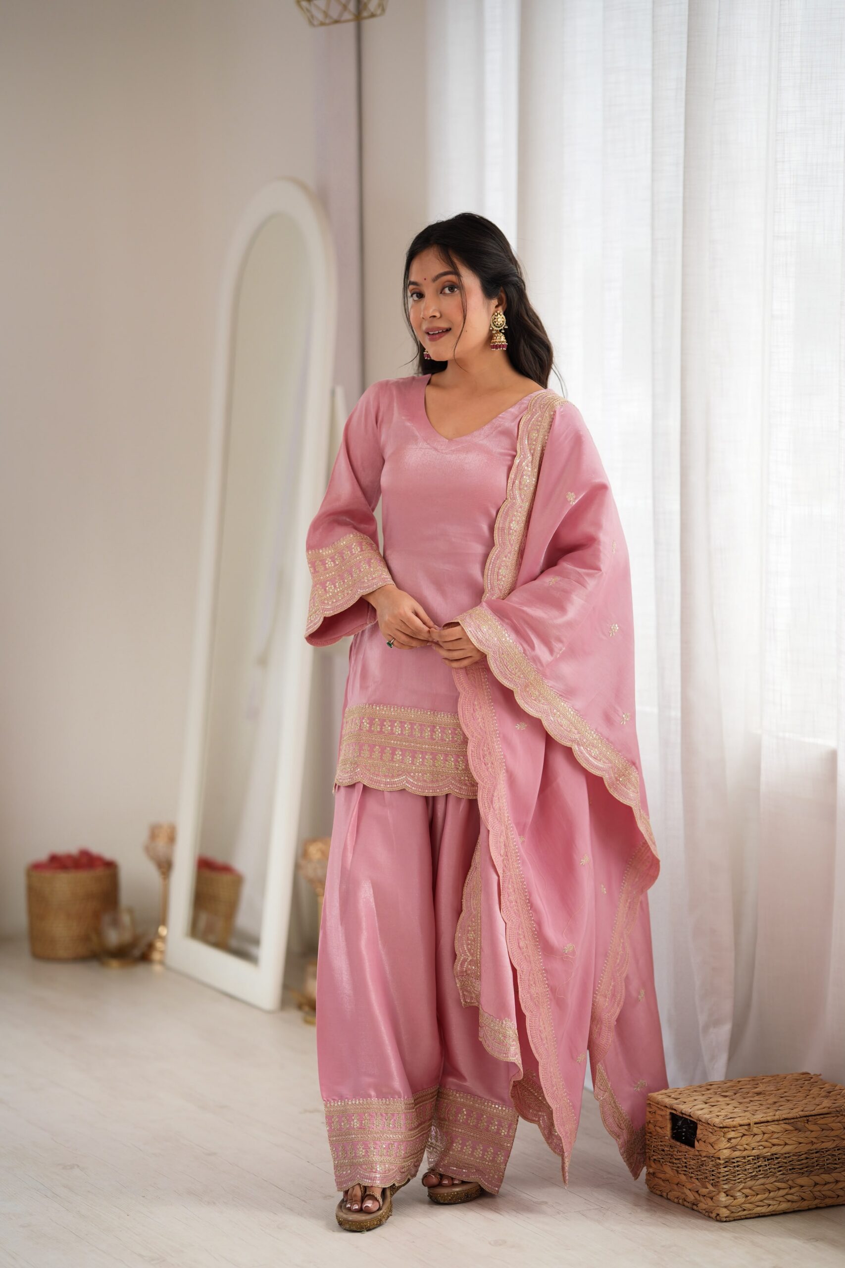 KB 304 Pink in Glass Roman Silk. Sequins Work & Embroidery Work Salwar Suit Festive Deal ₹1999. Delivery 4-6 Working Days. Shop now. | Jump Suits, Straight Suits, Casual Suits, Creative suits, Designer Suits, Palazzo Suits, Party Wear Suits, Patiala Suits, Salwar suit