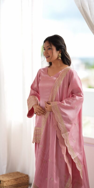 KB 304 Pink in Glass Roman Silk. Sequins Work & Embroidery Work Salwar Suit Festive Deal ₹1999. Delivery 4-6 Working Days. Shop now. | Jump Suits, Straight Suits, Casual Suits, Creative suits, Designer Suits, Palazzo Suits, Party Wear Suits, Patiala Suits, Salwar suit