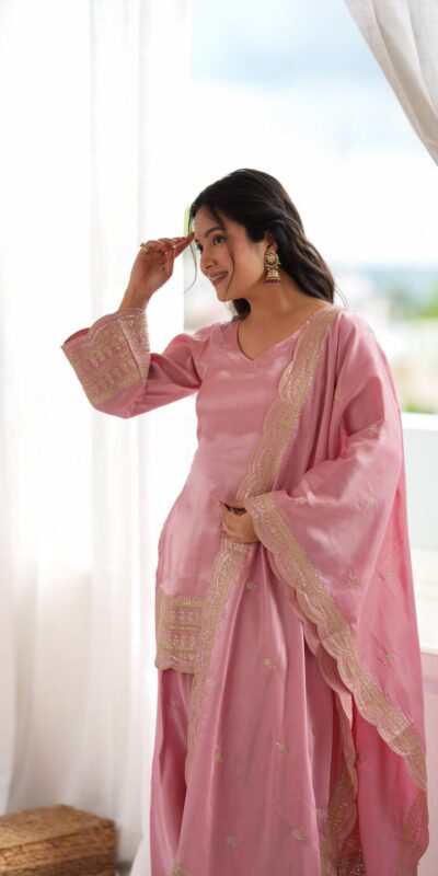KB 304 Pink in Glass Roman Silk. Sequins Work & Embroidery Work Salwar Suit Festive Deal ₹1999. Delivery 4-6 Working Days. Shop now. | Jump Suits, Straight Suits, Casual Suits, Creative suits, Designer Suits, Palazzo Suits, Party Wear Suits, Patiala Suits, Salwar suit