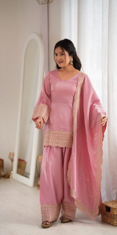 KB 304 Pink in Glass Roman Silk. Sequins Work & Embroidery Work Salwar Suit Festive Deal ₹1999. Delivery 4-6 Working Days. Shop now. | Jump Suits, Straight Suits, Casual Suits, Creative suits, Designer Suits, Palazzo Suits, Party Wear Suits, Patiala Suits, Salwar suit