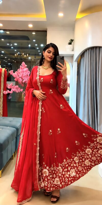 SSR 548 Red Fendy Silk Gown with Sequins Work & Thread Embroidery. Now at just ₹2399. Delivery 4-6 Working Days. Shop now. | Bollywood Gowns, Creative Gowns, Designer Gowns, Embroidered Gowns, Gowns, Party Wear Gowns