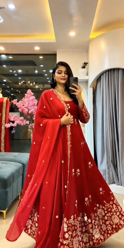 SSR 548 Red Fendy Silk Gown with Sequins Work & Thread Embroidery. Now at just ₹2399. Delivery 4-6 Working Days. Shop now. | Bollywood Gowns, Creative Gowns, Designer Gowns, Embroidered Gowns, Gowns, Party Wear Gowns