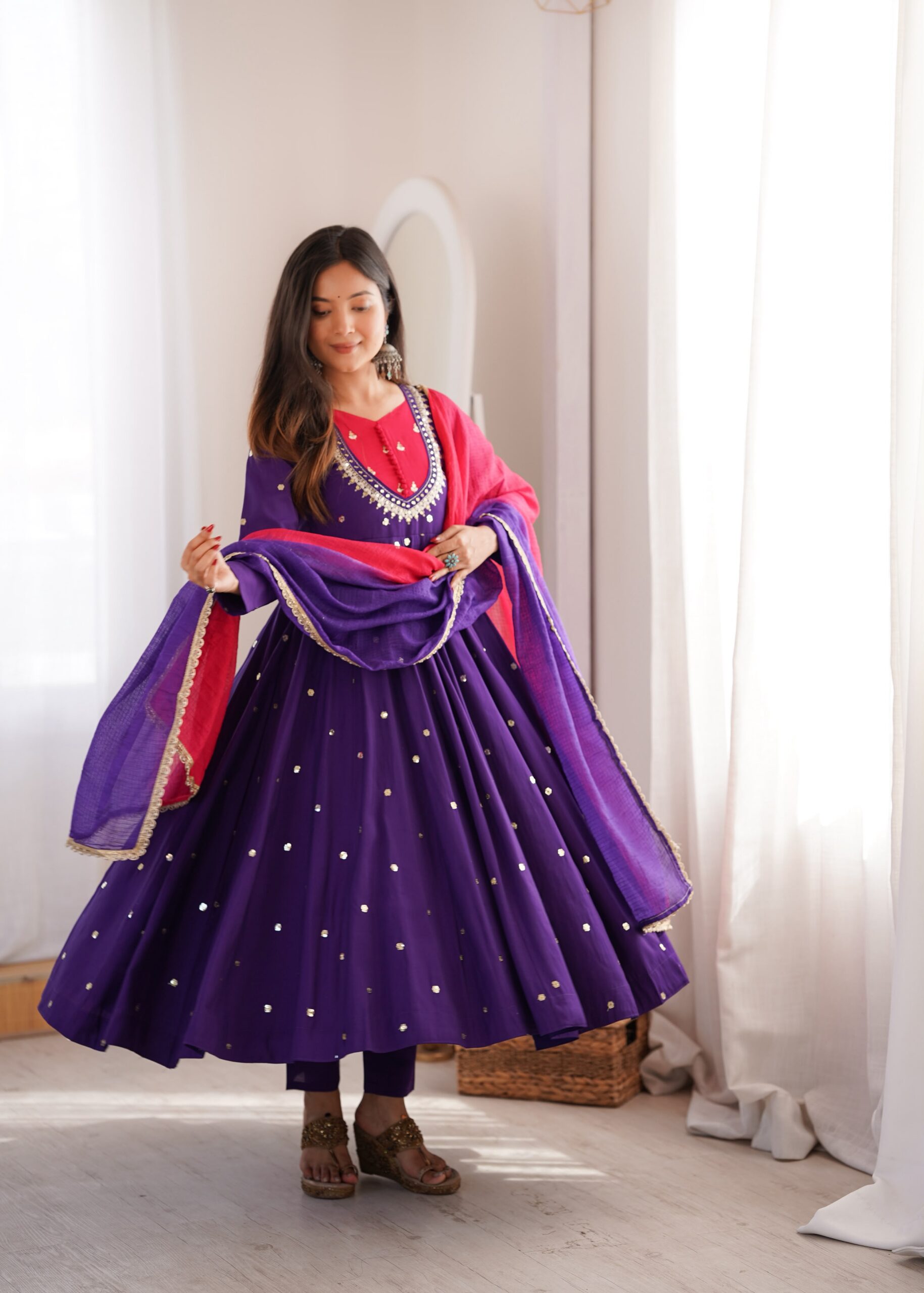 ZF 5023 Purple Roman Silk Gown with Mirror Work & Embroidery Work. Special Price ₹2099. Delivery 4-6 Working Days. Shop now. | Bollywood Gowns, Creative Gowns, Designer Gowns, Embroidered Gowns, Gowns, Party Wear Gowns