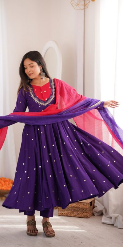 ZF 5023 Purple Roman Silk Gown with Mirror Work & Embroidery Work. Special Price ₹2099. Delivery 4-6 Working Days. Shop now. | Bollywood Gowns, Creative Gowns, Designer Gowns, Embroidered Gowns, Gowns, Party Wear Gowns