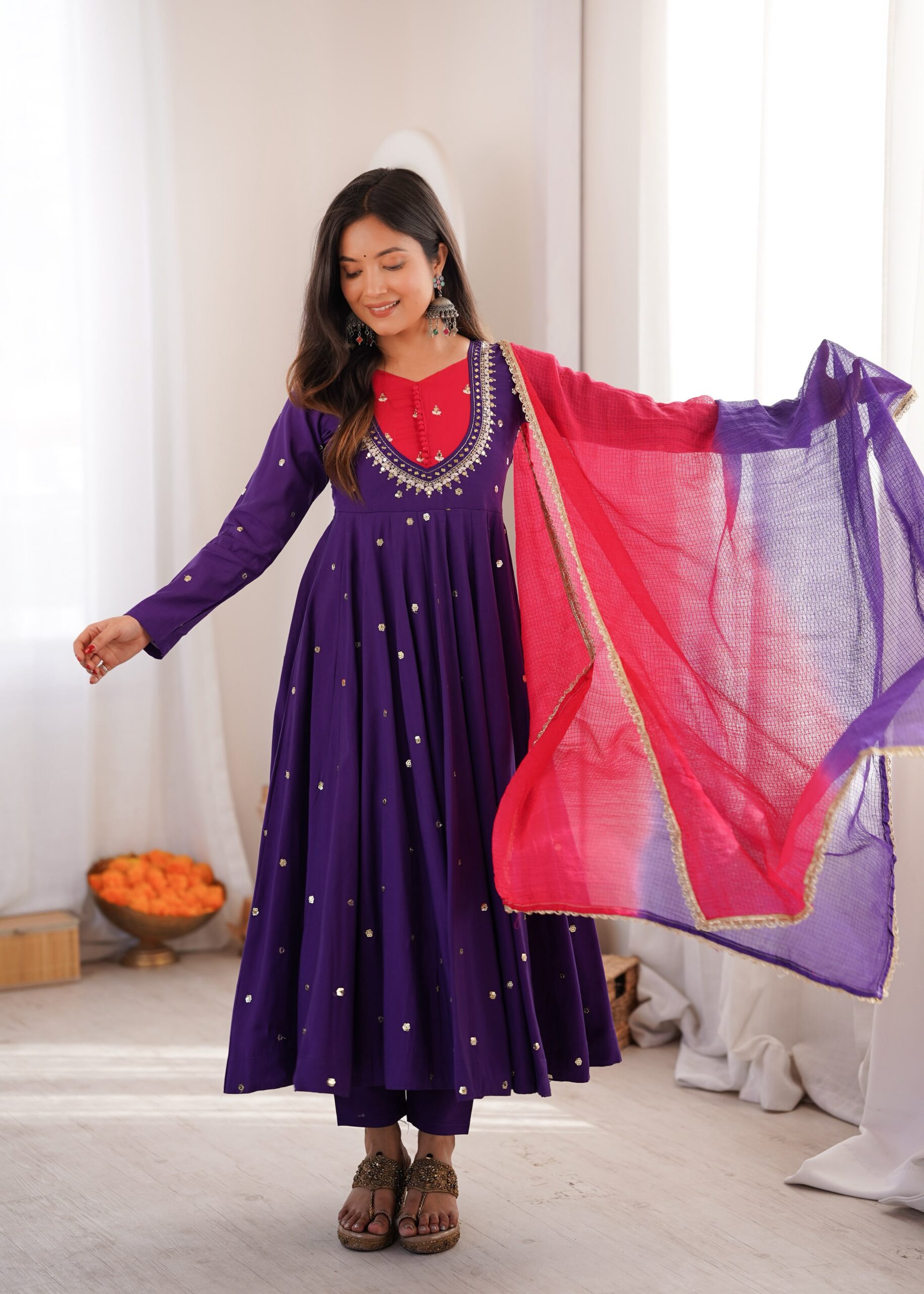 ZF 5023 Purple Roman Silk Gown with Mirror Work & Embroidery Work. Special Price ₹2099. Delivery 4-6 Working Days. Shop now. | Bollywood Gowns, Creative Gowns, Designer Gowns, Embroidered Gowns, Gowns, Party Wear Gowns