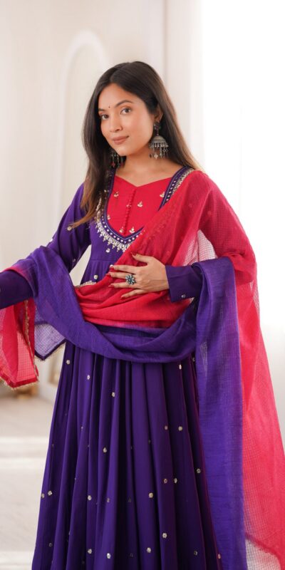 ZF 5023 Purple Roman Silk Gown with Mirror Work & Embroidery Work. Special Price ₹2099. Delivery 4-6 Working Days. Shop now. | Bollywood Gowns, Creative Gowns, Designer Gowns, Embroidered Gowns, Gowns, Party Wear Gowns