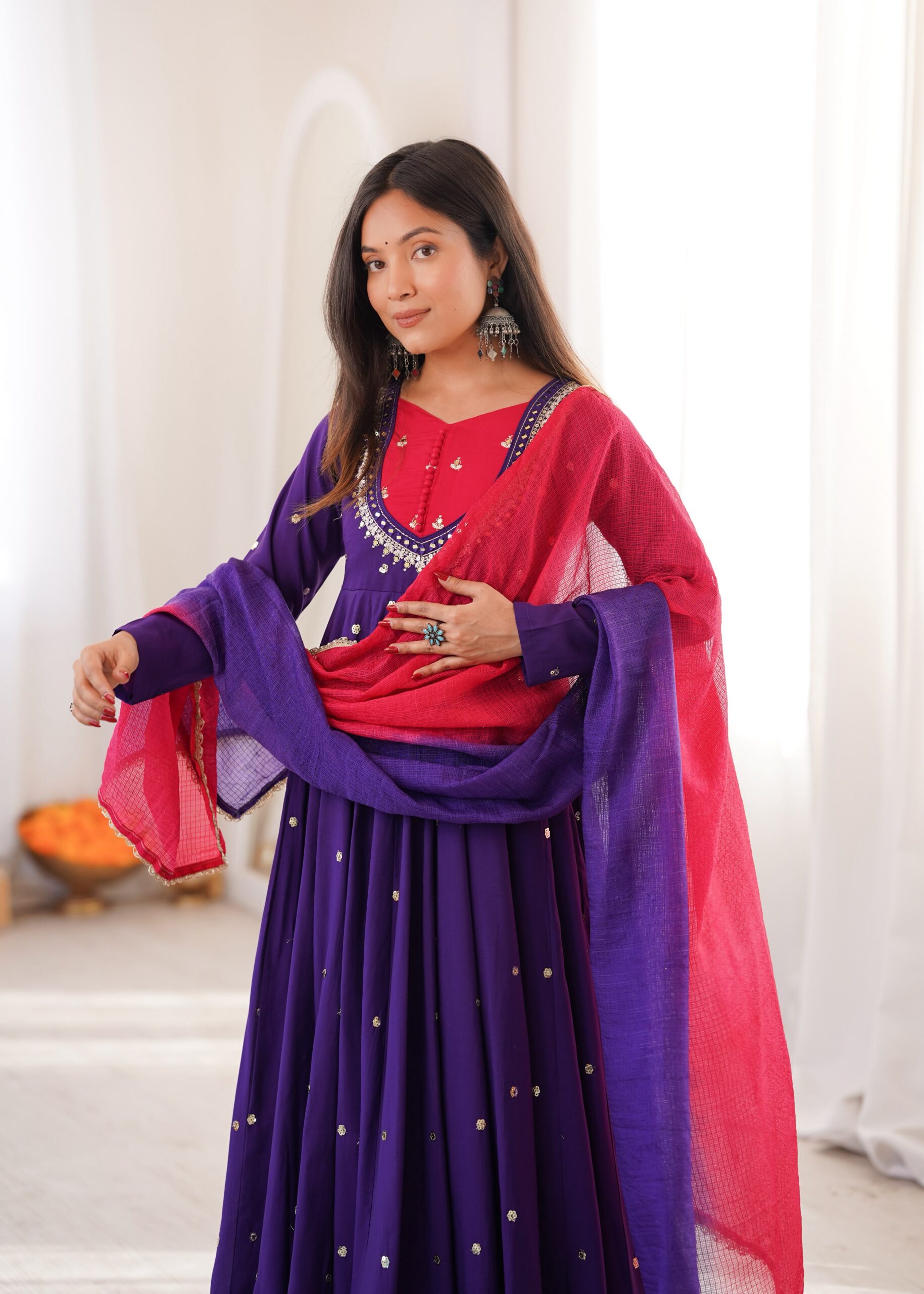 ZF 5023 Purple Roman Silk Gown with Mirror Work & Embroidery Work. Special Price ₹2099. Delivery 4-6 Working Days. Shop now. | Bollywood Gowns, Creative Gowns, Designer Gowns, Embroidered Gowns, Gowns, Party Wear Gowns