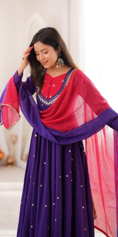 ZF 5023 Purple Roman Silk Gown with Mirror Work & Embroidery Work. Special Price ₹2099. Delivery 4-6 Working Days. Shop now. | Bollywood Gowns, Creative Gowns, Designer Gowns, Embroidered Gowns, Gowns, Party Wear Gowns