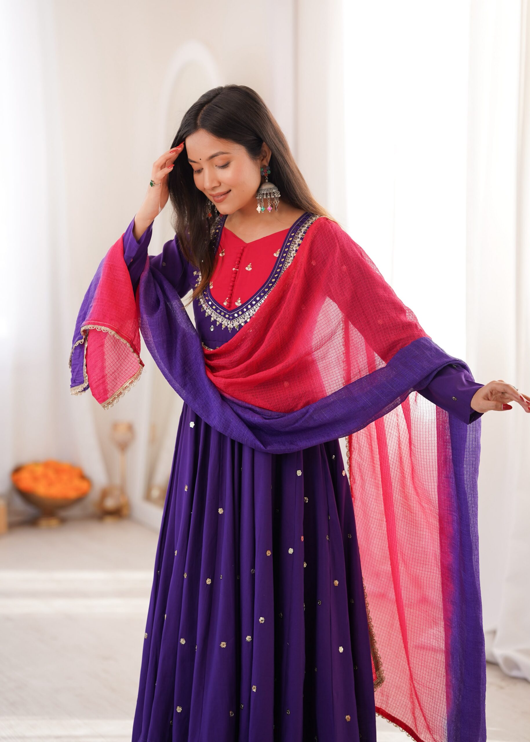 ZF 5023 Purple Roman Silk Gown with Mirror Work & Embroidery Work. Special Price ₹2099. Delivery 4-6 Working Days. Shop now. | Bollywood Gowns, Creative Gowns, Designer Gowns, Embroidered Gowns, Gowns, Party Wear Gowns