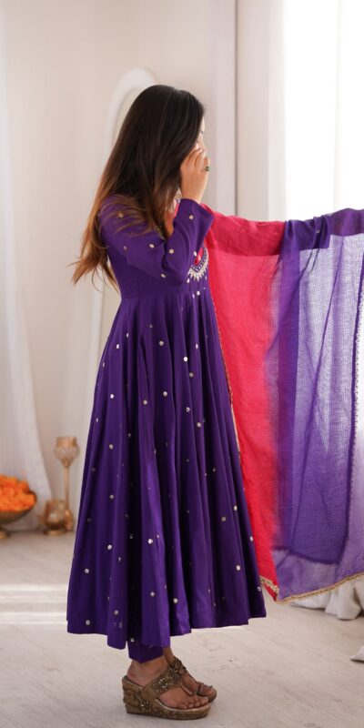 ZF 5023 Purple Roman Silk Gown with Mirror Work & Embroidery Work. Special Price ₹2099. Delivery 4-6 Working Days. Shop now. | Bollywood Gowns, Creative Gowns, Designer Gowns, Embroidered Gowns, Gowns, Party Wear Gowns