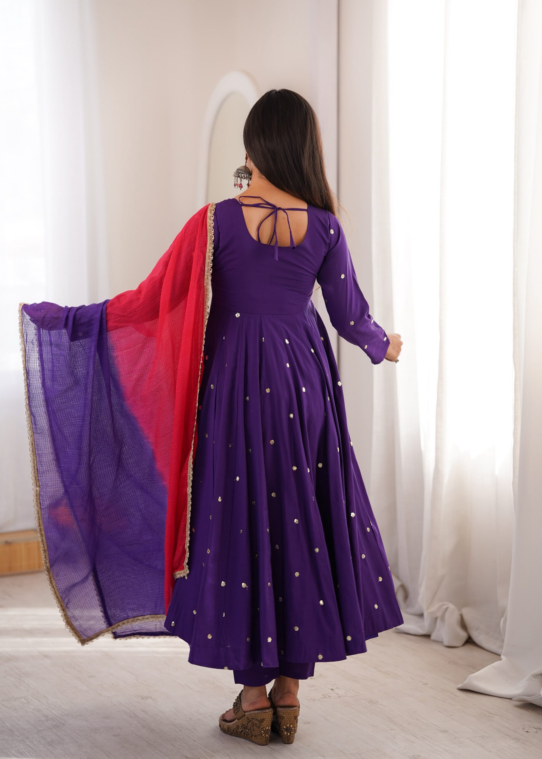 ZF 5023 Purple Roman Silk Gown with Mirror Work & Embroidery Work. Special Price ₹2099. Delivery 4-6 Working Days. Shop now. | Bollywood Gowns, Creative Gowns, Designer Gowns, Embroidered Gowns, Gowns, Party Wear Gowns