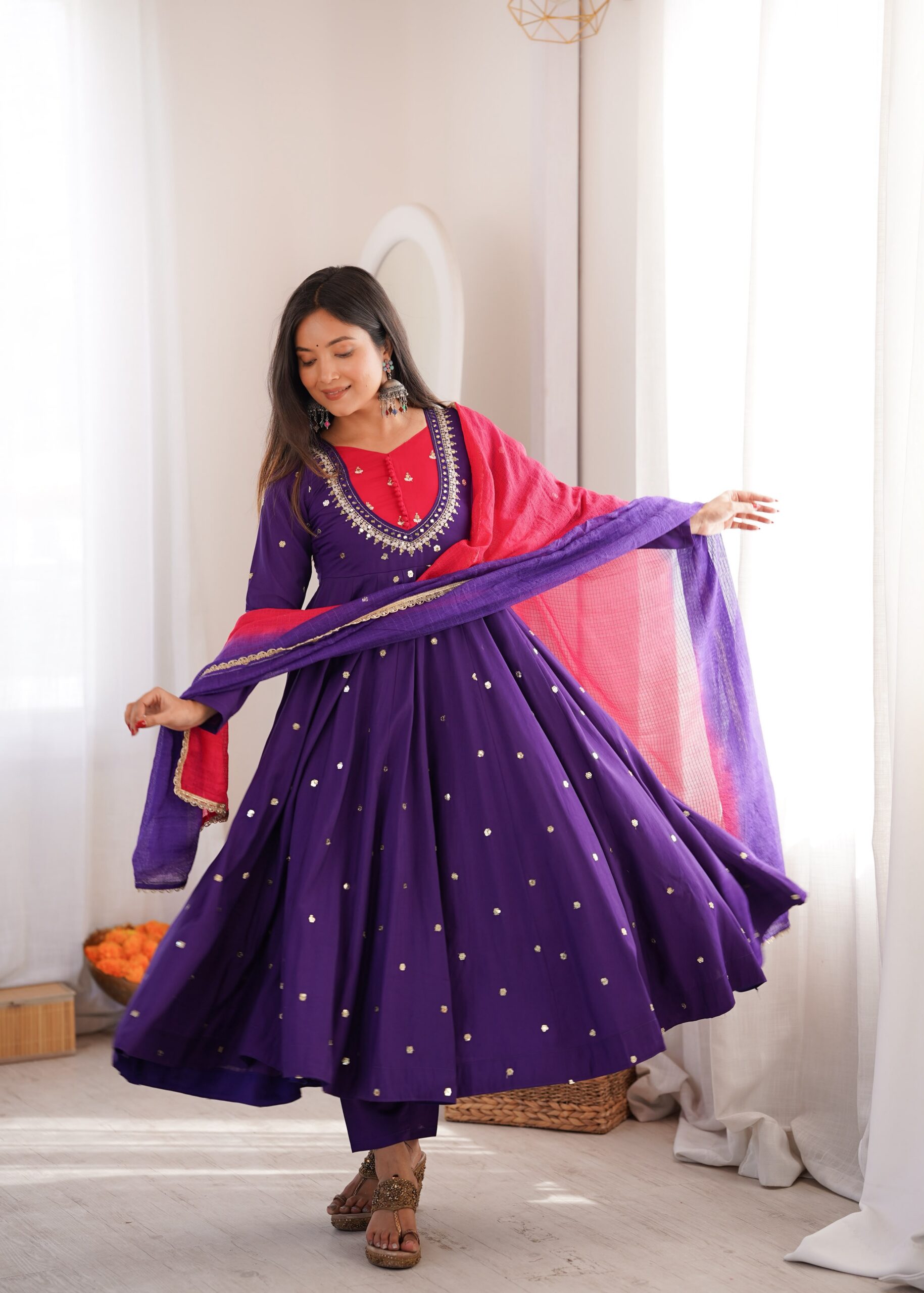 ZF 5023 Purple Roman Silk Gown with Mirror Work & Embroidery Work. Special Price ₹2099. Delivery 4-6 Working Days. Shop now. | Bollywood Gowns, Creative Gowns, Designer Gowns, Embroidered Gowns, Gowns, Party Wear Gowns