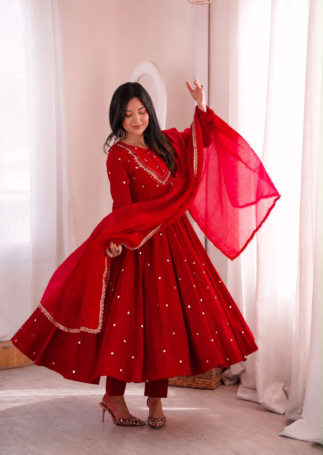 ZF 5023 Red Roman Silk Gown with Mirror Work & Embroidery Work. Special Price ₹2099. Delivery 4-6 Working Days. Shop now. | Bollywood Gowns, Creative Gowns, Designer Gowns, Embroidered Gowns, Gowns, Party Wear Gowns
