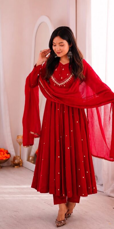 ZF 5023 Red Roman Silk Gown with Mirror Work & Embroidery Work. Special Price ₹2099. Delivery 4-6 Working Days. Shop now. | Bollywood Gowns, Creative Gowns, Designer Gowns, Embroidered Gowns, Gowns, Party Wear Gowns
