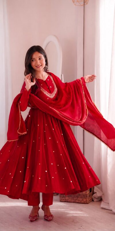 ZF 5023 Red Roman Silk Gown with Mirror Work & Embroidery Work. Special Price ₹2099. Delivery 4-6 Working Days. Shop now. | Bollywood Gowns, Creative Gowns, Designer Gowns, Embroidered Gowns, Gowns, Party Wear Gowns