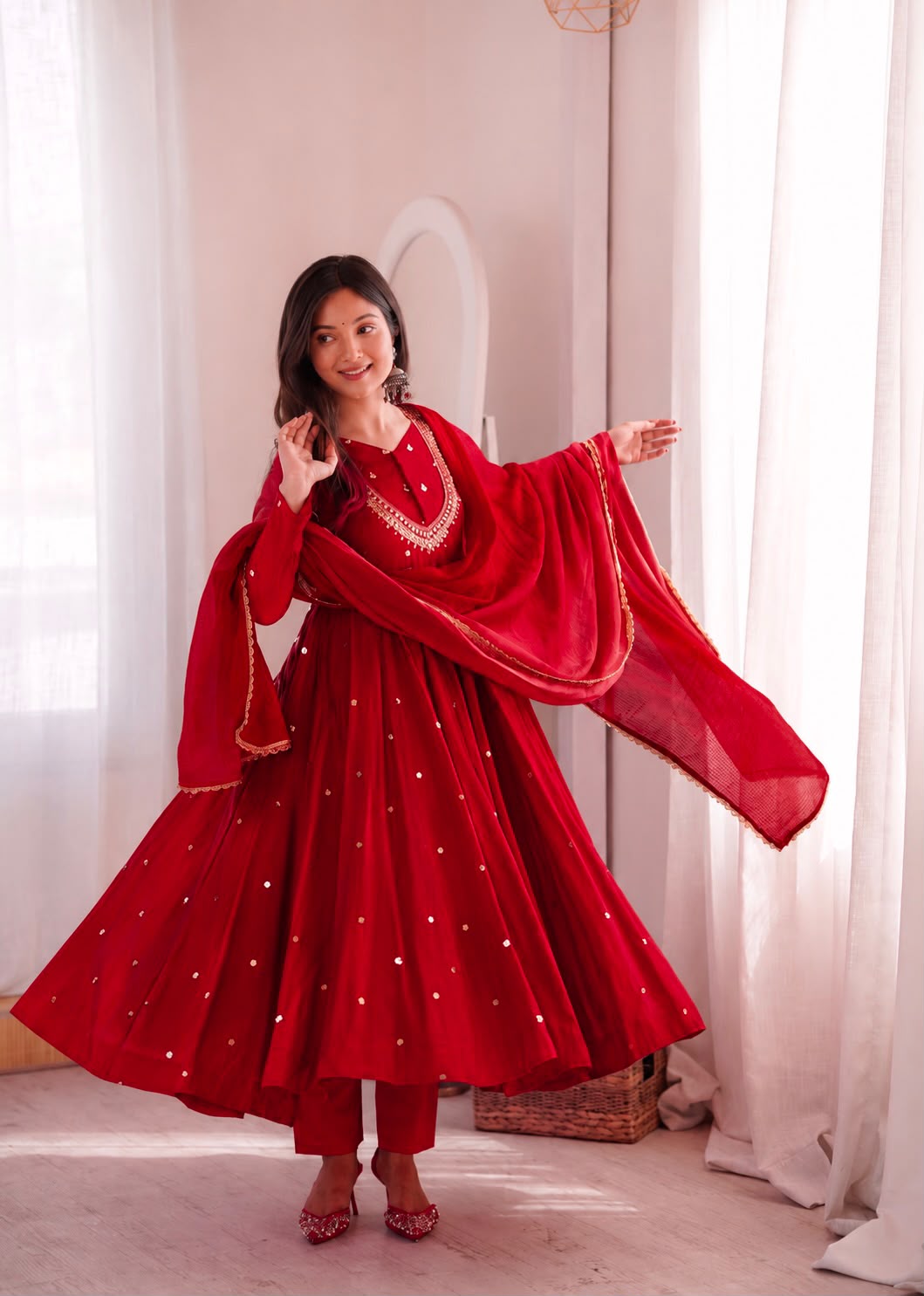 ZF 5023 Red Roman Silk Gown with Mirror Work & Embroidery Work. Special Price ₹2099. Delivery 4-6 Working Days. Shop now. | Bollywood Gowns, Creative Gowns, Designer Gowns, Embroidered Gowns, Gowns, Party Wear Gowns