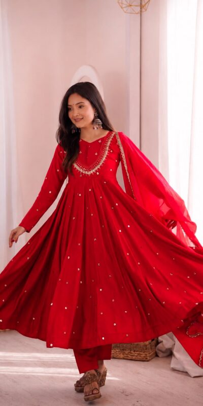 ZF 5023 Red Roman Silk Gown with Mirror Work & Embroidery Work. Special Price ₹2099. Delivery 4-6 Working Days. Shop now. | Bollywood Gowns, Creative Gowns, Designer Gowns, Embroidered Gowns, Gowns, Party Wear Gowns