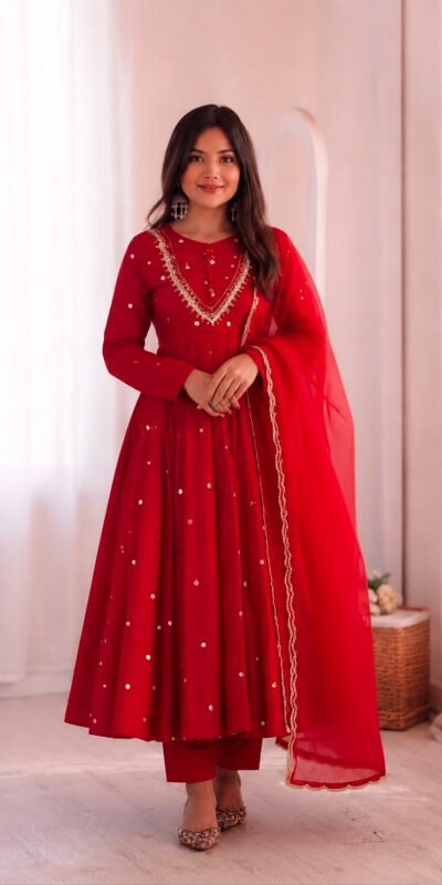 ZF 5023 Red Roman Silk Gown with Mirror Work & Embroidery Work. Special Price ₹2099. Delivery 4-6 Working Days. Shop now. | Bollywood Gowns, Creative Gowns, Designer Gowns, Embroidered Gowns, Gowns, Party Wear Gowns