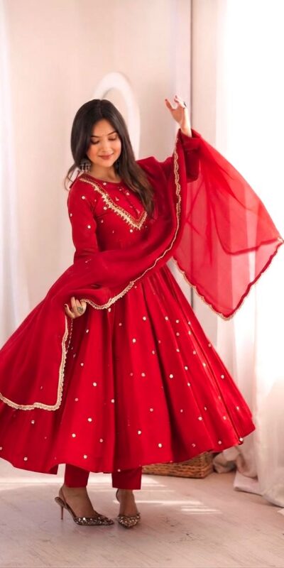 ZF 5023 Red Roman Silk Gown with Mirror Work & Embroidery Work. Special Price ₹2099. Delivery 4-6 Working Days. Shop now. | Bollywood Gowns, Creative Gowns, Designer Gowns, Embroidered Gowns, Gowns, Party Wear Gowns