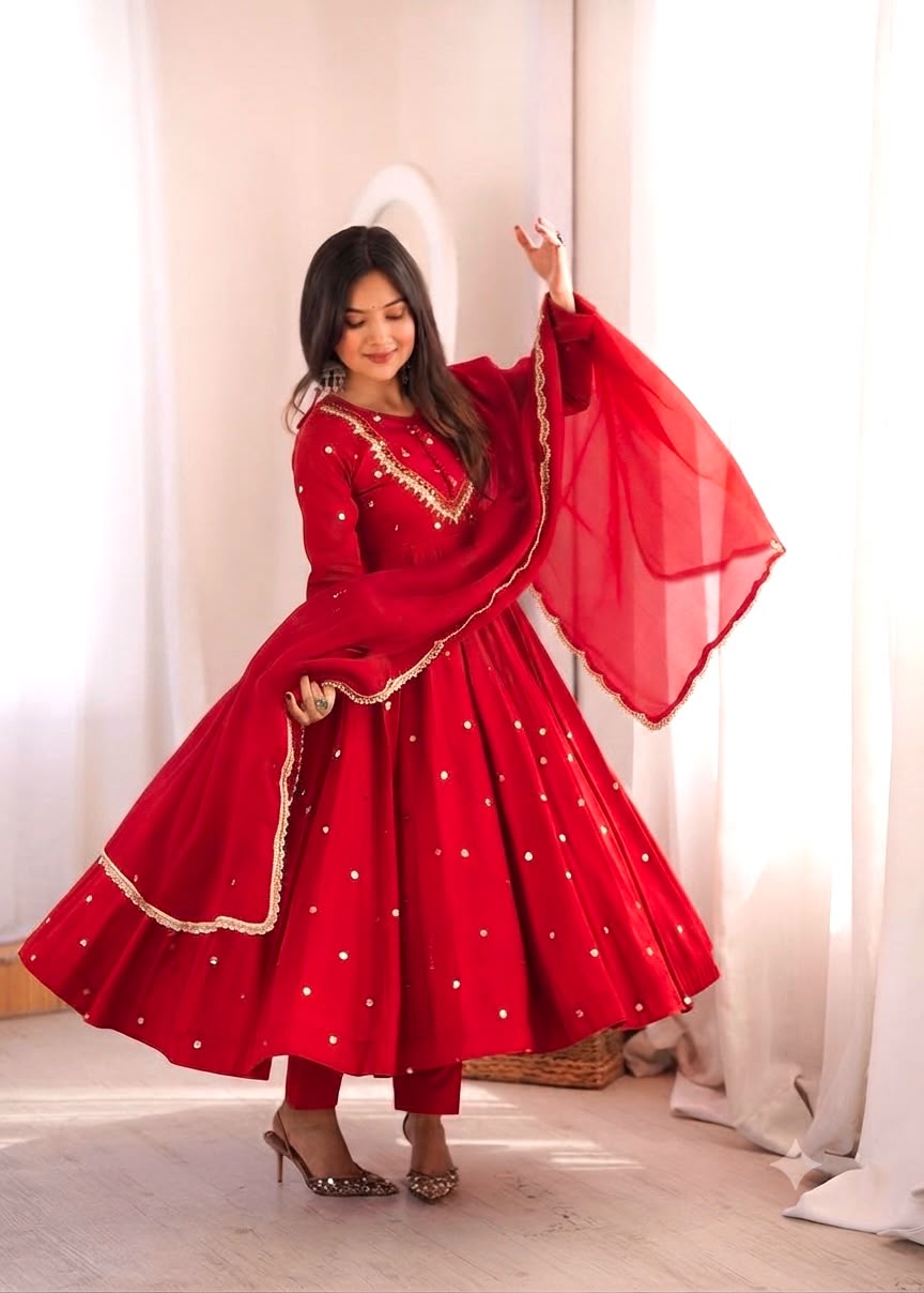 ZF 5023 Red Roman Silk Gown with Mirror Work & Embroidery Work. Special Price ₹2099. Delivery 4-6 Working Days. Shop now. | Bollywood Gowns, Creative Gowns, Designer Gowns, Embroidered Gowns, Gowns, Party Wear Gowns