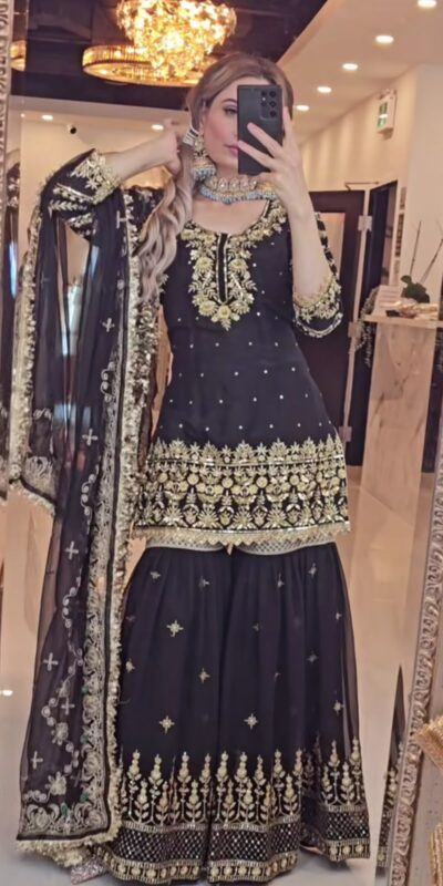 NF 1246 Black Faux Georgette Salwar Suit with Mirror Work & Embroidery Work. Get it for ₹2449. Delivery 4-6 Working Days. Shop now. | Jump Suits, Straight Suits, Casual Suits, Creative suits, Designer Suits, Palazzo Suits, Party Wear Suits, Patiala Suits, Salwar suit