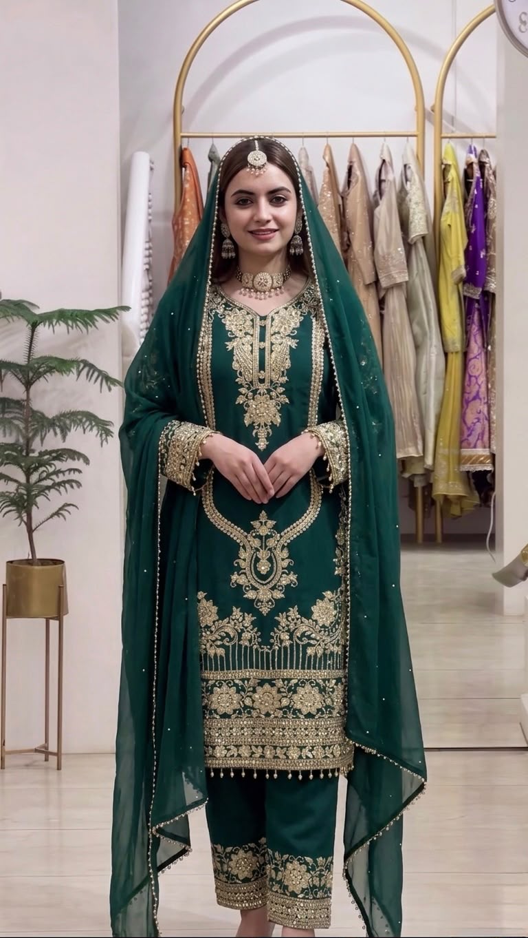 NSR 910 Green Faux Georgette Salwar Suit with Mirror Work & Embroidery Work. Get it for ₹2399. Delivery 4-6 Working Days. Shop now. | Jump Suits, Straight Suits, Casual Suits, Creative suits, Designer Suits, Palazzo Suits, Party Wear Suits, Patiala Suits, Salwar suit