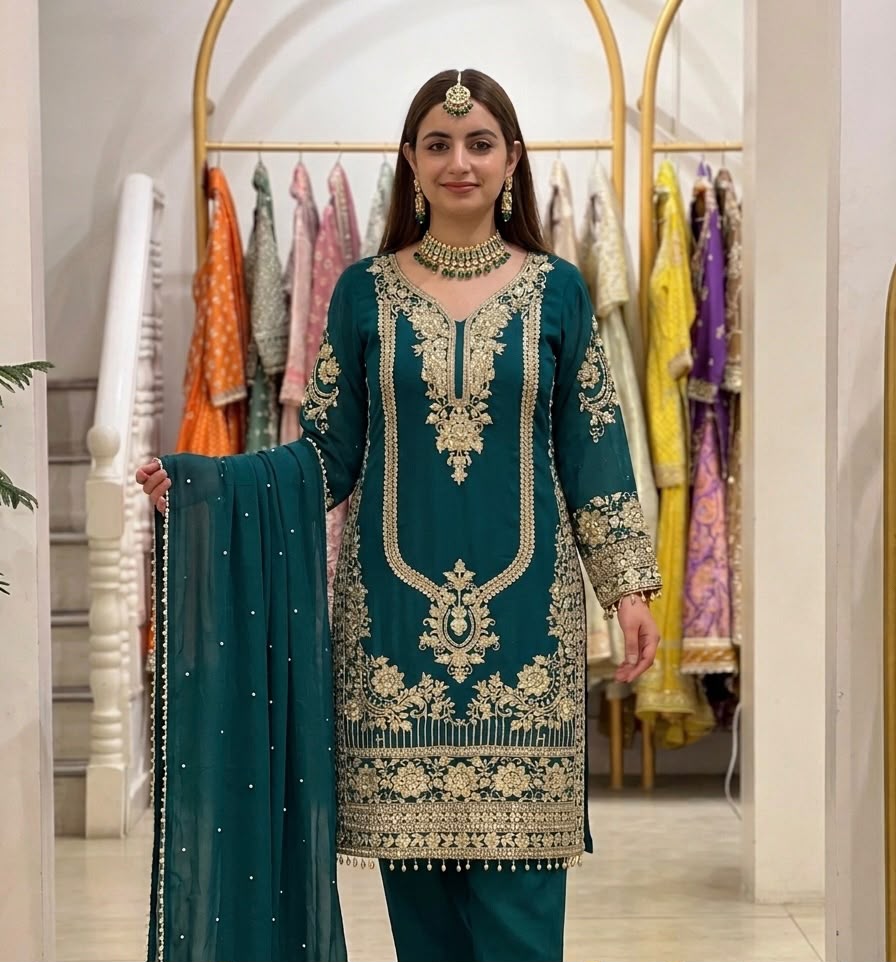 NSR 910 Green Faux Georgette Salwar Suit with Mirror Work & Embroidery Work. Get it for ₹2399. Delivery 4-6 Working Days. Shop now. | Jump Suits, Straight Suits, Casual Suits, Creative suits, Designer Suits, Palazzo Suits, Party Wear Suits, Patiala Suits, Salwar suit