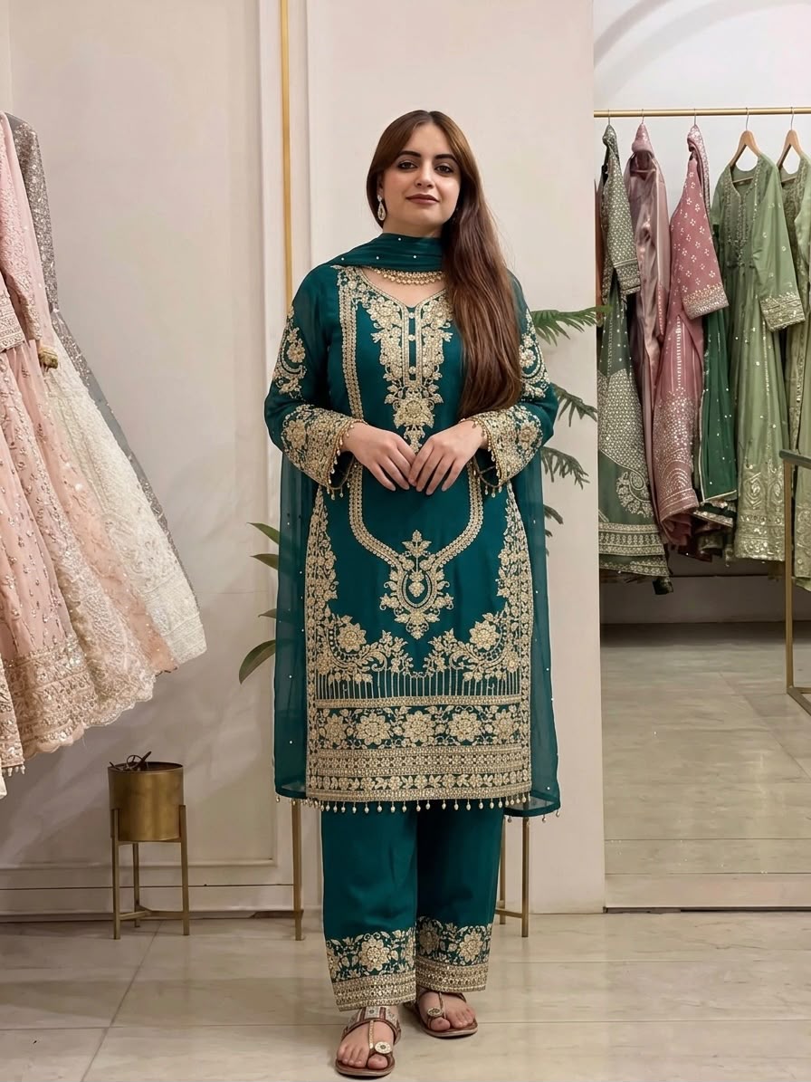 NSR 910 Green Faux Georgette Salwar Suit with Mirror Work & Embroidery Work. Get it for ₹2399. Delivery 4-6 Working Days. Shop now. | Jump Suits, Straight Suits, Casual Suits, Creative suits, Designer Suits, Palazzo Suits, Party Wear Suits, Patiala Suits, Salwar suit
