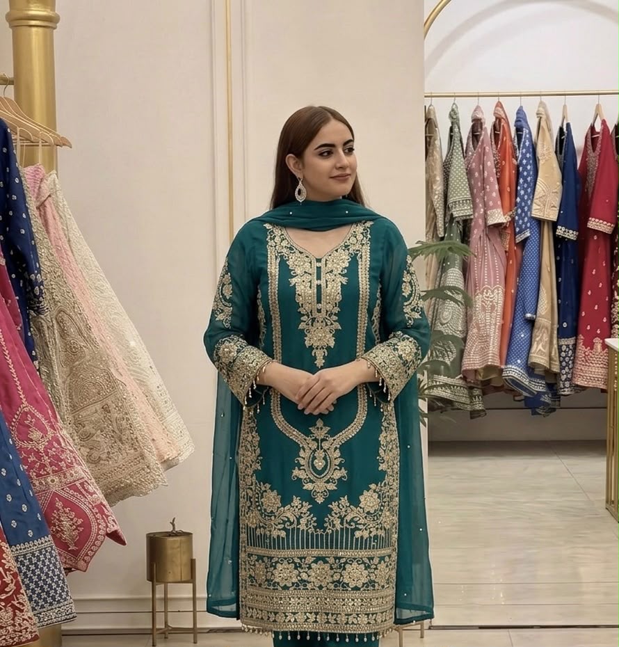 NSR 910 Green Faux Georgette Salwar Suit with Mirror Work & Embroidery Work. Get it for ₹2399. Delivery 4-6 Working Days. Shop now. | Jump Suits, Straight Suits, Casual Suits, Creative suits, Designer Suits, Palazzo Suits, Party Wear Suits, Patiala Suits, Salwar suit