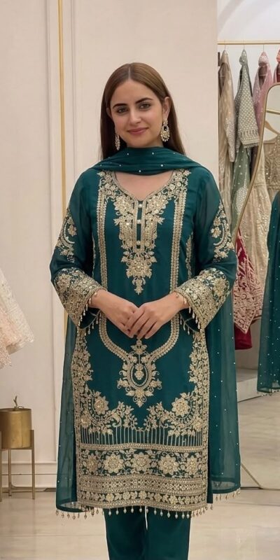 NSR 910 Green Faux Georgette Salwar Suit with Mirror Work & Embroidery Work. Get it for ₹2399. Delivery 4-6 Working Days. Shop now. | Jump Suits, Straight Suits, Casual Suits, Creative suits, Designer Suits, Palazzo Suits, Party Wear Suits, Patiala Suits, Salwar suit