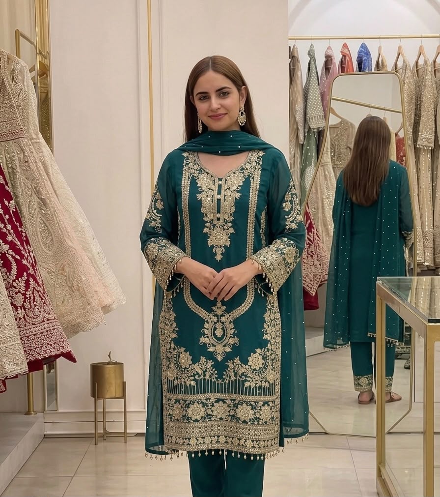 NSR 910 Green Faux Georgette Salwar Suit with Mirror Work & Embroidery Work. Get it for ₹2399. Delivery 4-6 Working Days. Shop now. | Jump Suits, Straight Suits, Casual Suits, Creative suits, Designer Suits, Palazzo Suits, Party Wear Suits, Patiala Suits, Salwar suit