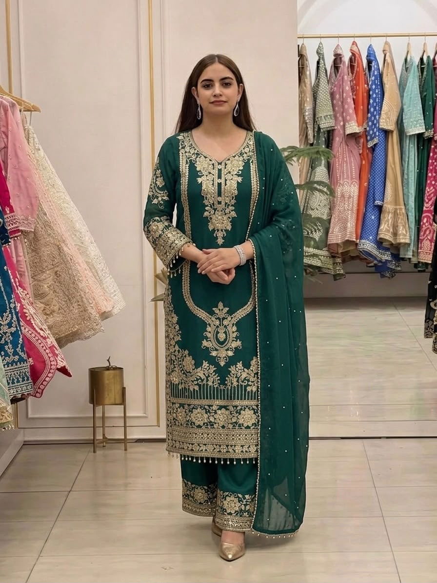 NSR 910 Green Faux Georgette Salwar Suit with Mirror Work & Embroidery Work. Get it for ₹2399. Delivery 4-6 Working Days. Shop now. | Jump Suits, Straight Suits, Casual Suits, Creative suits, Designer Suits, Palazzo Suits, Party Wear Suits, Patiala Suits, Salwar suit
