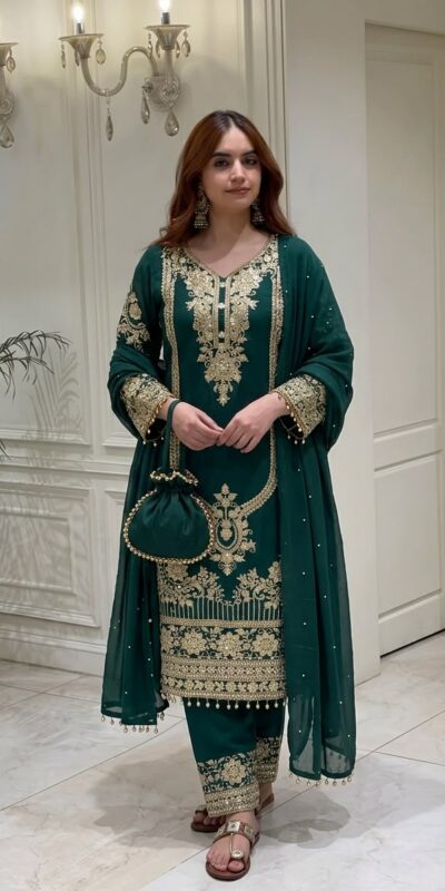 NSR 910 Green Faux Georgette Salwar Suit with Mirror Work & Embroidery Work. Get it for ₹2399. Delivery 4-6 Working Days. Shop now. | Jump Suits, Straight Suits, Casual Suits, Creative suits, Designer Suits, Palazzo Suits, Party Wear Suits, Patiala Suits, Salwar suit