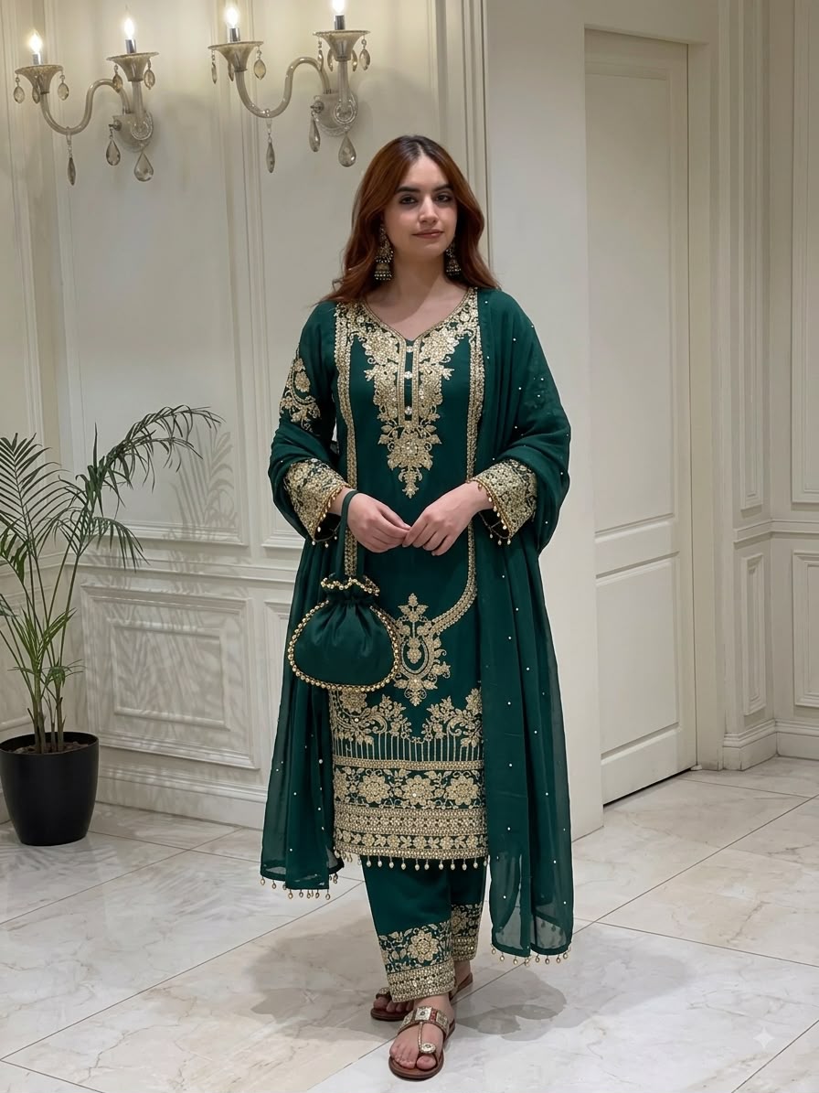 NSR 910 Green Faux Georgette Salwar Suit with Mirror Work & Embroidery Work. Get it for ₹2399. Delivery 4-6 Working Days. Shop now. | Jump Suits, Straight Suits, Casual Suits, Creative suits, Designer Suits, Palazzo Suits, Party Wear Suits, Patiala Suits, Salwar suit
