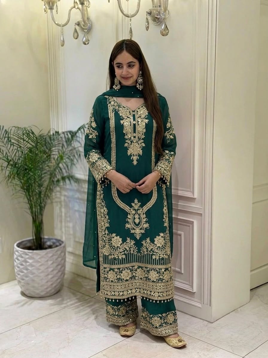 NSR 910 Green Faux Georgette Salwar Suit with Mirror Work & Embroidery Work. Get it for ₹2399. Delivery 4-6 Working Days. Shop now. | Jump Suits, Straight Suits, Casual Suits, Creative suits, Designer Suits, Palazzo Suits, Party Wear Suits, Patiala Suits, Salwar suit