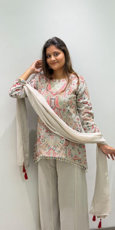 BE 489 Grey Faux Georgette Salwar Suit with Mirror Work & Embroidery Work. Get it for ₹2899. Delivery 4-6 Working Days. Shop now. | Jump Suits, Straight Suits, Casual Suits, Creative suits, Designer Suits, Palazzo Suits, Party Wear Suits, Patiala Suits, Salwar suit