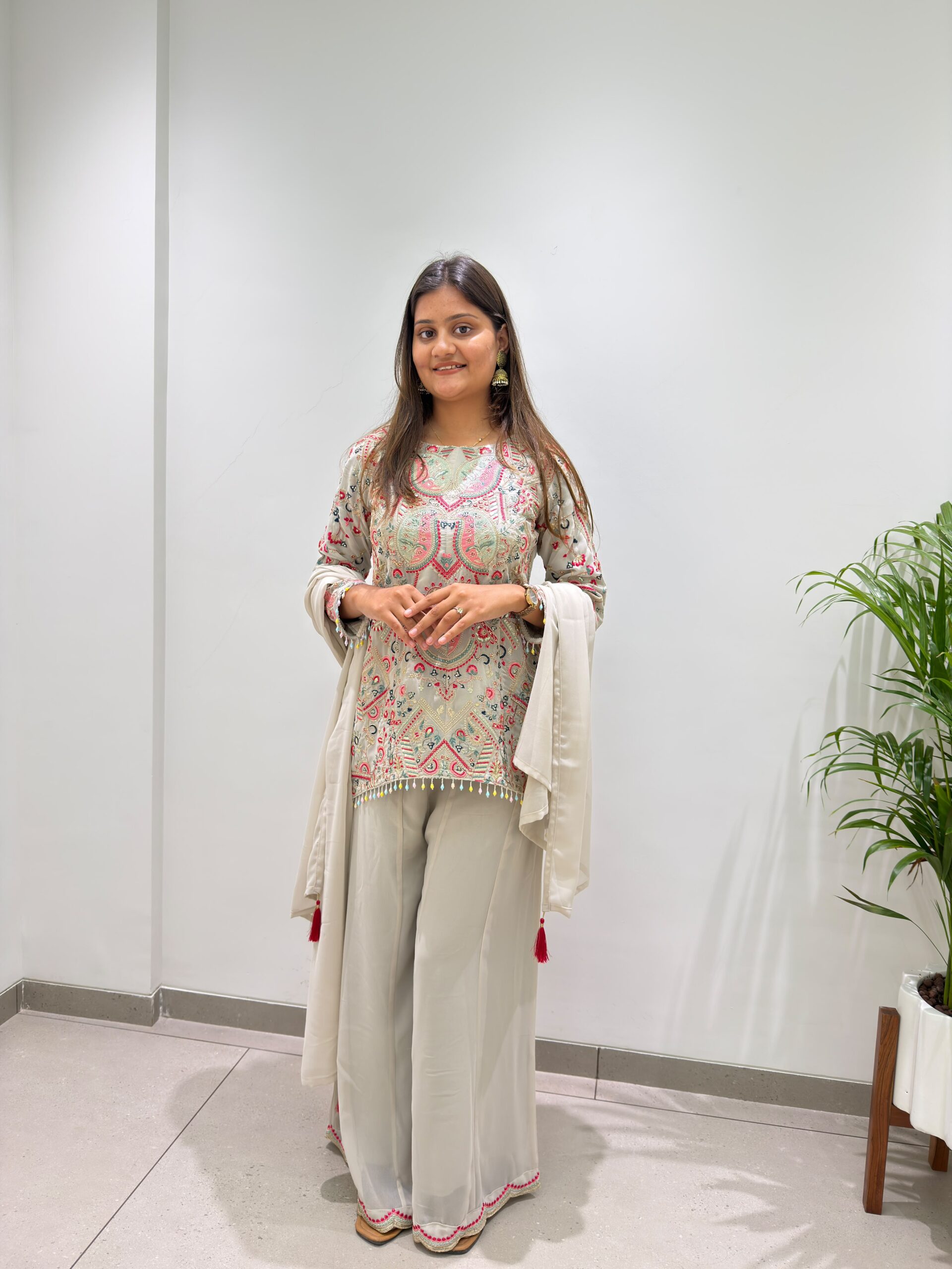 BE 489 Grey Faux Georgette Salwar Suit with Mirror Work & Embroidery Work. Get it for ₹2899. Delivery 4-6 Working Days. Shop now. | Jump Suits, Straight Suits, Casual Suits, Creative suits, Designer Suits, Palazzo Suits, Party Wear Suits, Patiala Suits, Salwar suit