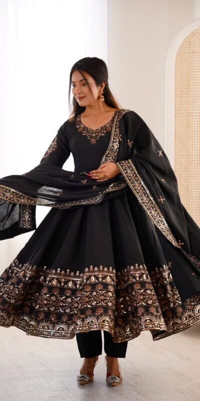 ZF 5016 Black Roman Silk Gown with Embroidery Work. Wedding, Party, Festive, Events, Navratri, Exclusive Offer ₹2499. Delivery 4-6 Working Days. Shop now. | Bollywood Gowns, Creative Gowns, Designer Gowns, Embroidered Gowns, Gowns, Party Wear Gowns