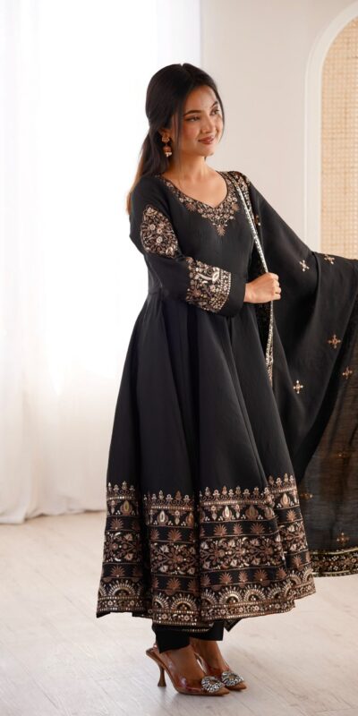 ZF 5016 Black Roman Silk Gown with Embroidery Work. Wedding, Party, Festive, Events, Navratri, Exclusive Offer ₹2499. Delivery 4-6 Working Days. Shop now. | Bollywood Gowns, Creative Gowns, Designer Gowns, Embroidered Gowns, Gowns, Party Wear Gowns