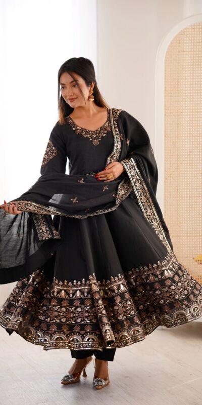 ZF 5016 Black Roman Silk Gown with Embroidery Work. Wedding, Party, Festive, Events, Navratri, Exclusive Offer ₹2499. Delivery 4-6 Working Days. Shop now. | Bollywood Gowns, Creative Gowns, Designer Gowns, Embroidered Gowns, Gowns, Party Wear Gowns