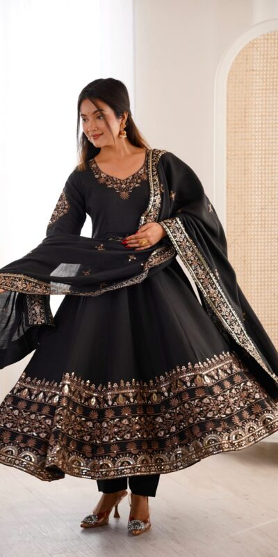ZF 5016 Black Roman Silk Gown with Embroidery Work. Wedding, Party, Festive, Events, Navratri, Exclusive Offer ₹2499. Delivery 4-6 Working Days. Shop now. | Bollywood Gowns, Creative Gowns, Designer Gowns, Embroidered Gowns, Gowns, Party Wear Gowns